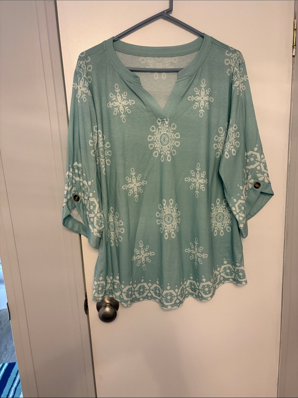 Light Green Printed V-Neck Womens Top